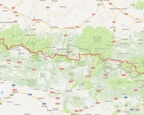 Map showing the Haute Route Pyrenees trail, a long-distance hiking path across the Pyrenees mountains.