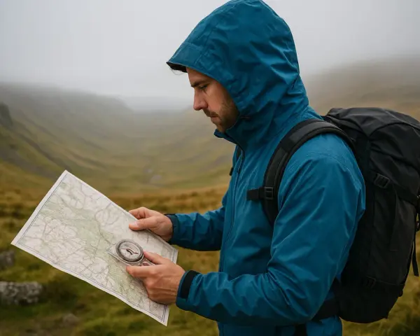 A hiker in a blue jacket uses a compass on a map to navigate a foggy mountain landscape.