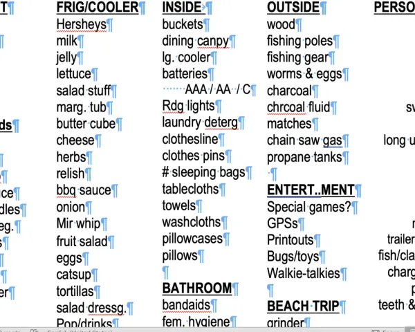 A detailed car camping packing list, covering food, gear, and personal items, organized into categories like "Refill List," "Inside," and "Outside.