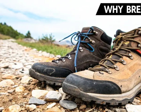 Two hiking boots sit on a rocky trail, ready for adventure. Learn how to break in hiking boots for comfort on your next trek.