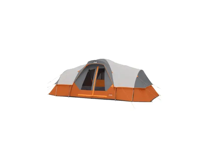 A large, orange and grey CORE tent stands ready for adventure. This tent looks like it's good quality for any camping trip.
