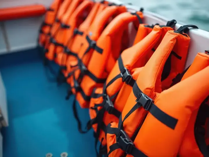 A row of bright orange type iii life jackets are neatly stored on a boat, ready for an adventure on the water.