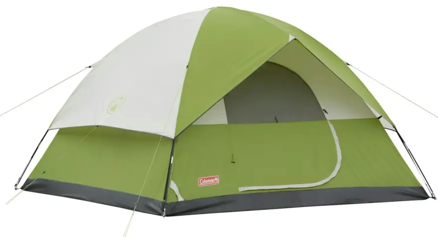 A green and white Coleman Sundome 4 person tent, ready for adventure. Learn about its dimensions for your next camping trip.