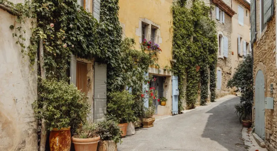 Charming street in a vakantiepark Provence, with ivy-covered buildings, potted plants, and blue shutters.