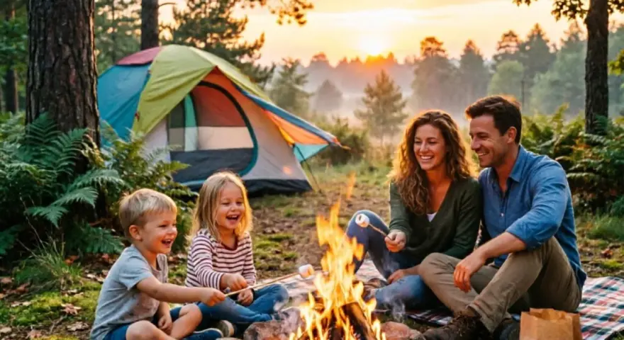 A family enjoys camping with kids, roasting marshmallows over a campfire at sunset with a colorful tent in the background.