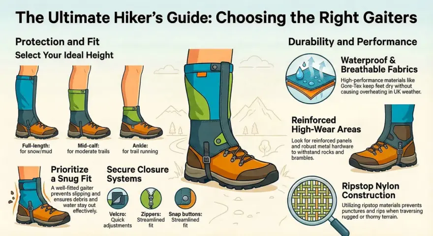 Gaiters protect your legs and boots from snow, mud, and debris. This guide shows different heights and features of gaiters for hiking.