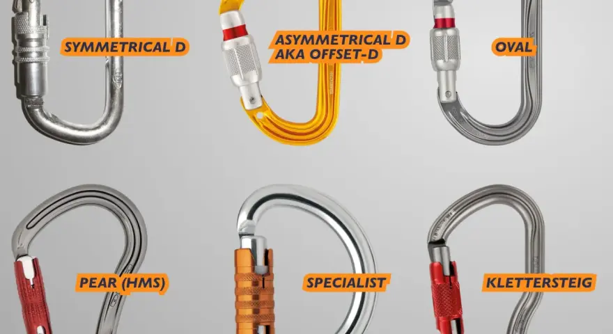 Six types of carabiners: symmetrical D, asymmetrical D, oval, pear (HMS), specialist, and Klettersteig. A carabiner is a metal loop with a sprung gate, used to quickly and reversibly connect components.