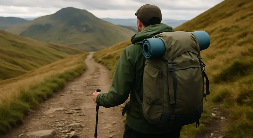 A hiker with a large backpack and trekking pole walks on a dirt path through rolling, grassy hills. Essential backpacking tips for this journey include packing light and staying hydrated.