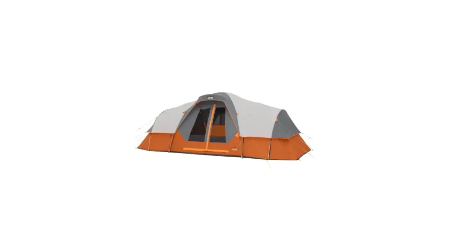 A large, orange and grey CORE tent stands ready for adventure. This tent looks like it's good quality for any camping trip.