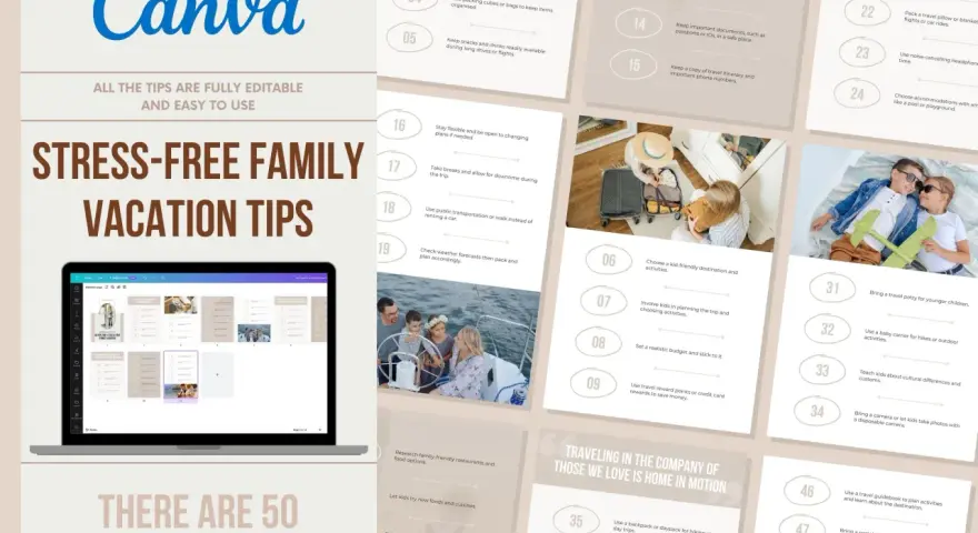 Stress-free family vacation tips, including ideas for camping familial var. Learn how to pack, plan, and enjoy your trip with these 50 editable tips.