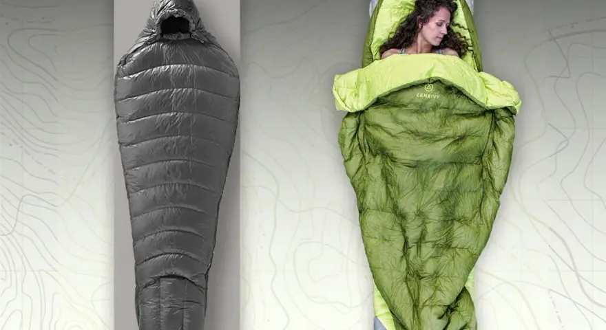 A gray sleeping bag and a green quilt with a woman sleeping in it. Choosing between a quilt vs sleeping bag for your next adventure.