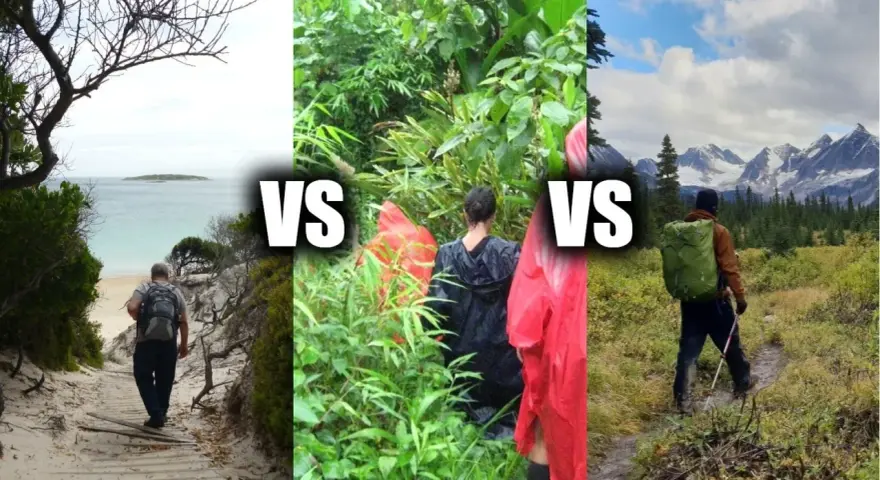 A man walks on a beach path, people in rain gear hike in a jungle, and a backpacker treks in mountains. Thru hiking vs backpacking.