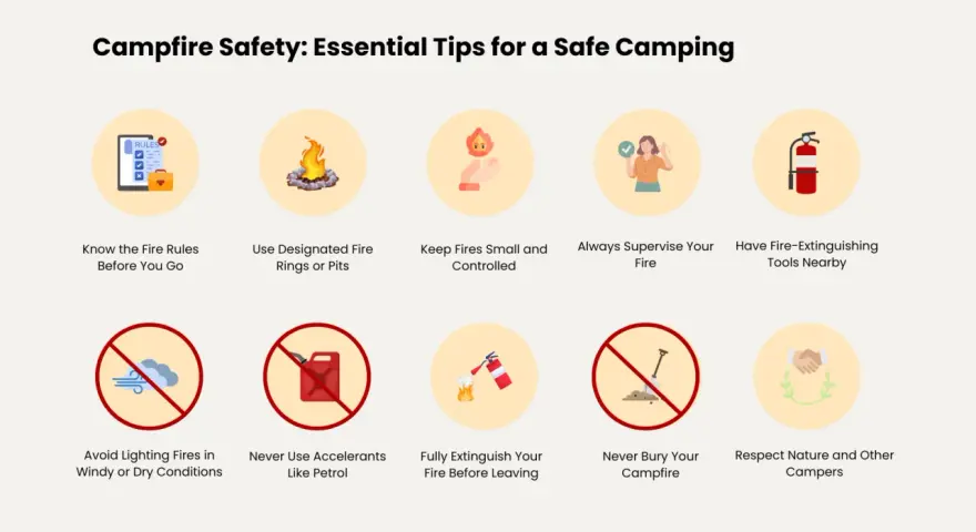 Essential tips for how to build a campfire safely: know rules, use pits, keep small, supervise, have extinguisher, avoid wind, no accelerants, extinguish fully, don't bury, respect nature.