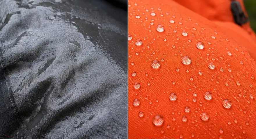 Left: black fabric soaked with water. Right: orange fabric with water beads, showing DWR protection.
