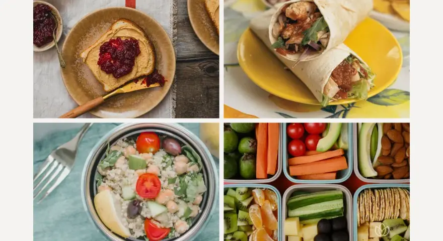 Delicious hiking lunch ideas: peanut butter toast, chicken wraps, quinoa salad, and a bento box with fruits, veggies, cheese, and crackers.