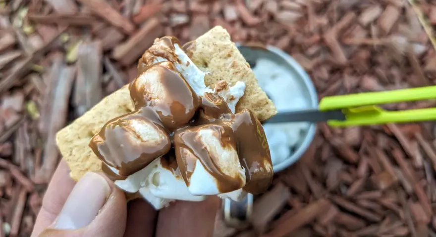 A hand holds a graham cracker topped with melted marshmallows and chocolate, ready to be assembled into a s'more. A pan of marshmallows is visible in the background.