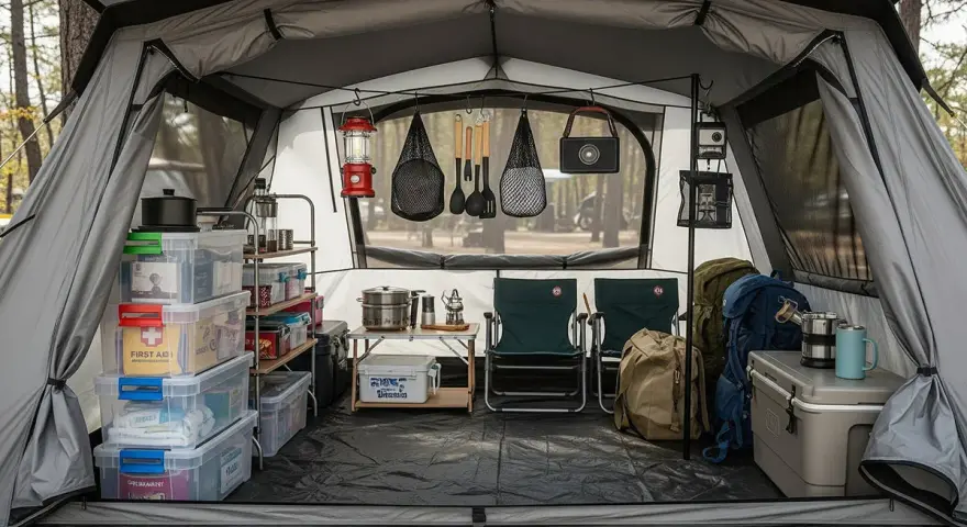 Organized camping storage inside a tent, featuring stacked bins, shelves, cooking gear, chairs, and backpacks.