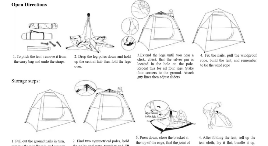 Diagrams showing how to fold a pop-up tent, from removing it from the bag to rolling it up for storage.