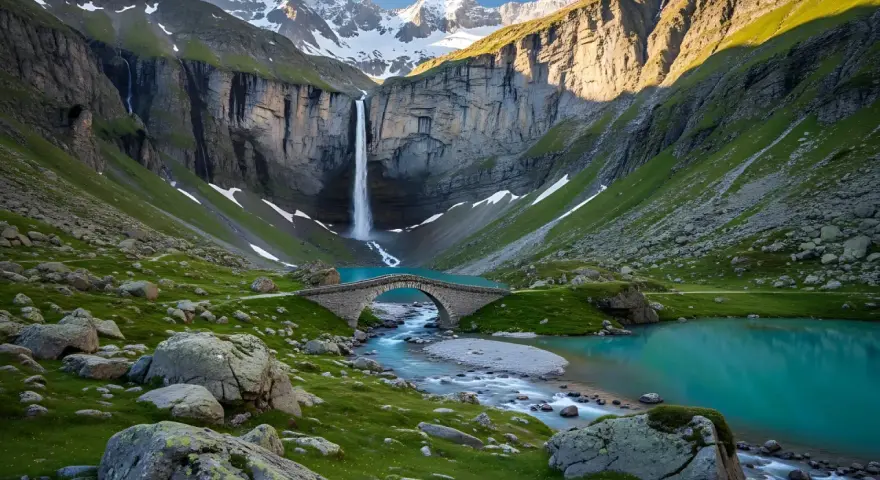 A breathtaking view of a waterfall cascading into a turquoise lake, with a stone bridge crossing a stream. This scene evokes the feeling of hiking in the Pyrenees, France, surrounded by majestic mountains and lush green slopes.