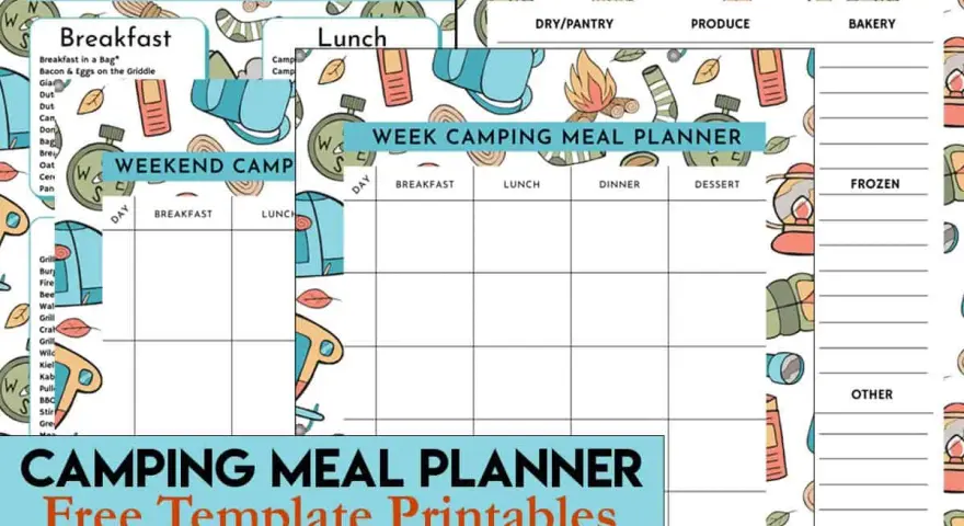 A camping meal plan template with sections for breakfast, lunch, dinner, and dessert, plus a shopping list.