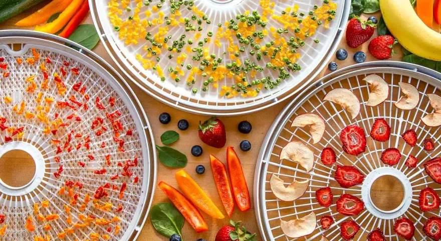 Dehydrating food for backpacking: trays filled with dried peppers, corn, apples, and strawberries, surrounded by fresh produce.