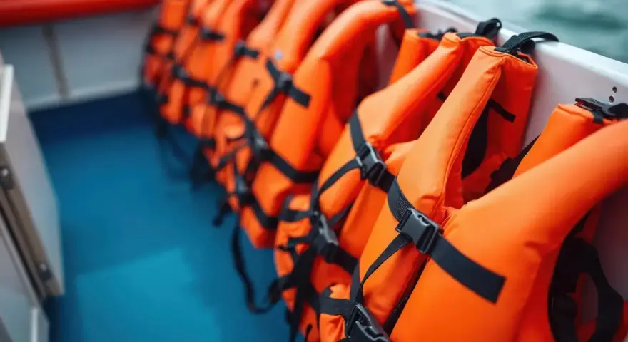 A row of bright orange type iii life jackets are neatly stored on a boat, ready for an adventure on the water.