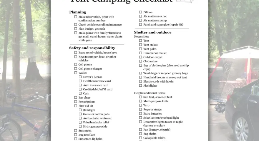 A first time camping checklist for tent camping, detailing planning, safety, and shelter necessities.