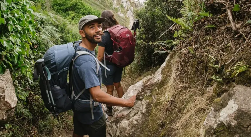 Hikers enjoy a summer trail, showcasing what to wear hiking in summer: breathable shirts, shorts, and backpacks.