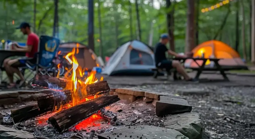 A crackling campfire sets the scene for a large group camping trip. Tents glow in the twilight as friends gather around picnic tables in the woods.