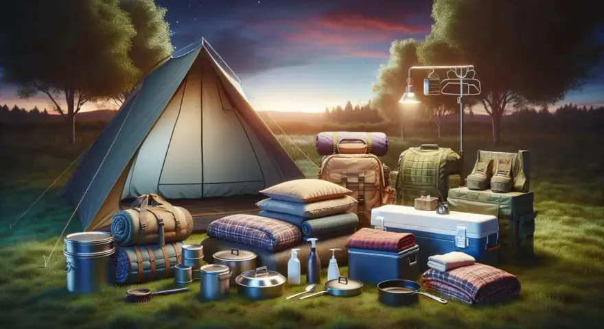 All the essentials for a camping trip are laid out: tent, sleeping bags, cookware, cooler, clothing, and boots.