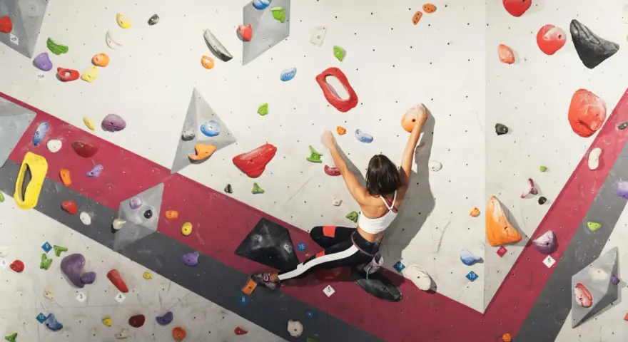 A woman is bouldering rock climbing, reaching for an orange hold on a colorful, textured wall.