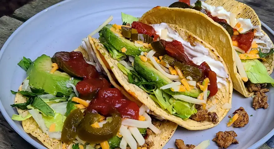 A plate of delicious camp taco with avocado, salsa, cheese, and sour cream, perfect for an outdoor meal.