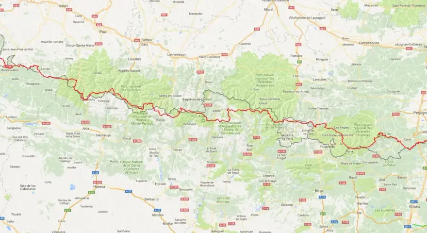 Map showing the Haute Route Pyrenees trail, a long-distance hiking path across the Pyrenees mountains.