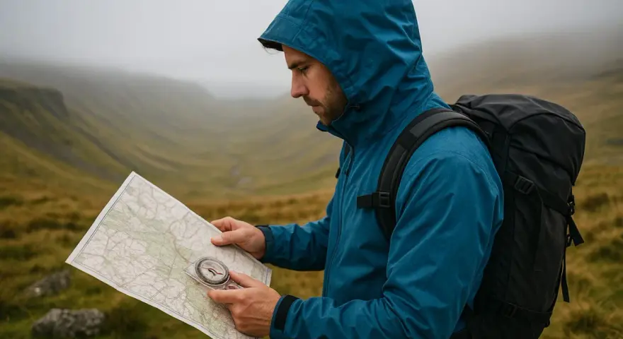 A hiker in a blue jacket uses a compass on a map to navigate a foggy mountain landscape.
