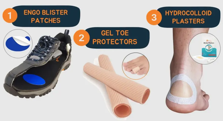 Preventing hiking with blisters: Engo patches for shoes, gel toe protectors, and hydrocolloid plasters for heel protection.