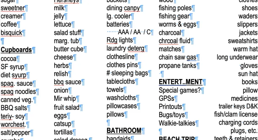 A detailed car camping packing list, covering food, gear, and personal items, organized into categories like "Refill List," "Inside," and "Outside.