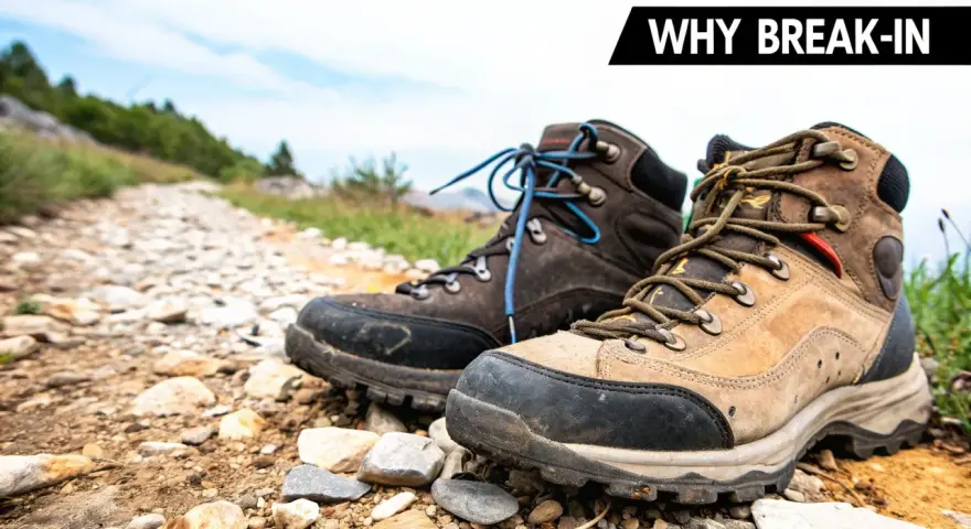 Two hiking boots sit on a rocky trail, ready for adventure. Learn how to break in hiking boots for comfort on your next trek.