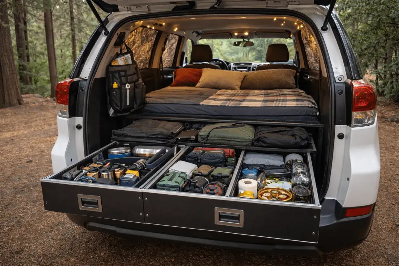 Clever car camping hacks transform a vehicle into a cozy mobile home, with organized drawers and a comfortable sleeping area.