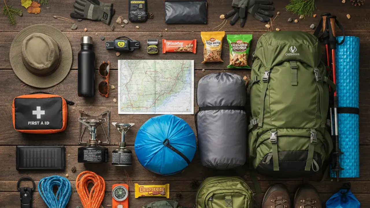 Essential gear for a camping trip: backpack, sleeping bags, hat, first aid, stove, map, water bottle, and snacks.