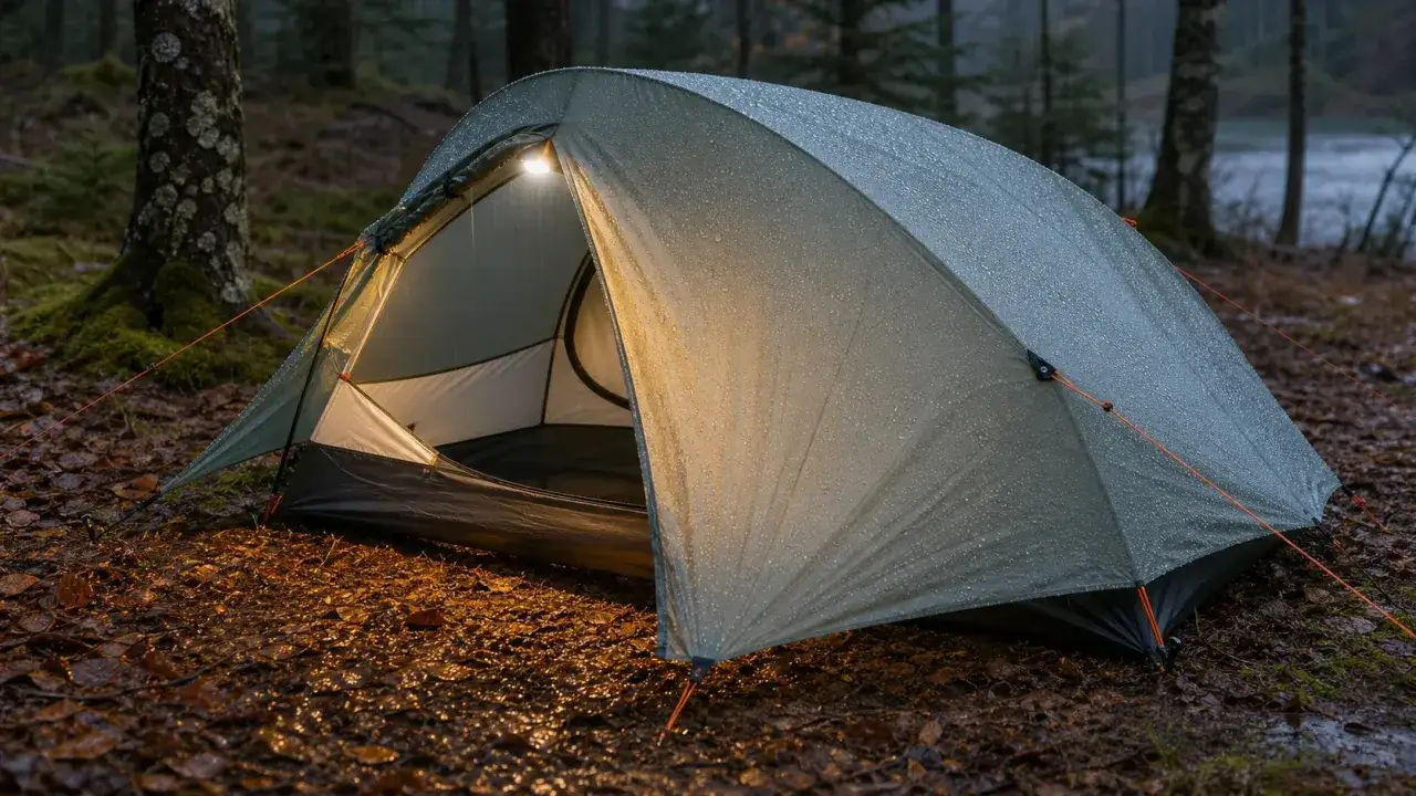 A rain-covered tent glows with warm light, hinting at cozy tent camping hacks for a damp forest floor.