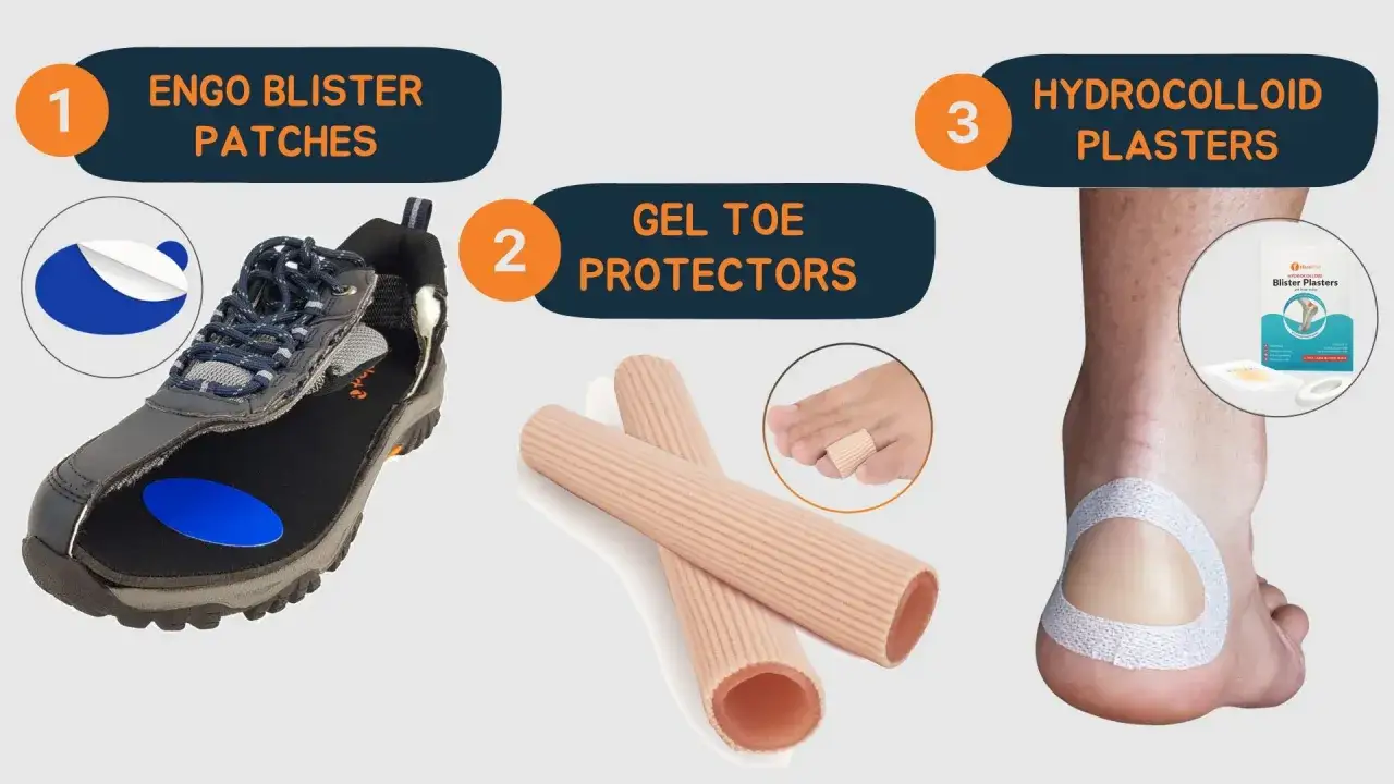 Preventing hiking with blisters: Engo patches for shoes, gel toe protectors, and hydrocolloid plasters for healing.