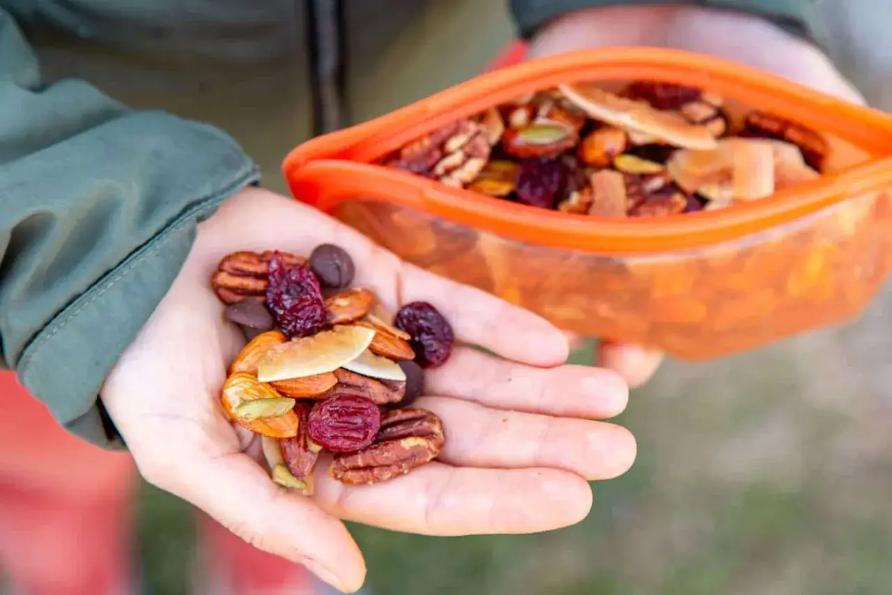 A handful of delicious walnut trail mix, including pecans, almonds, dried cranberries, and chocolate chips, is held up from an orange bag.