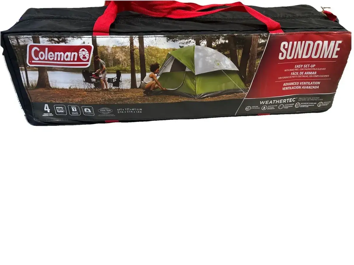 Coleman Sundome 4 person tent dimensions: 9 ft x 7 ft x 4 ft 11 in. This tent is perfect for your next camping adventure.