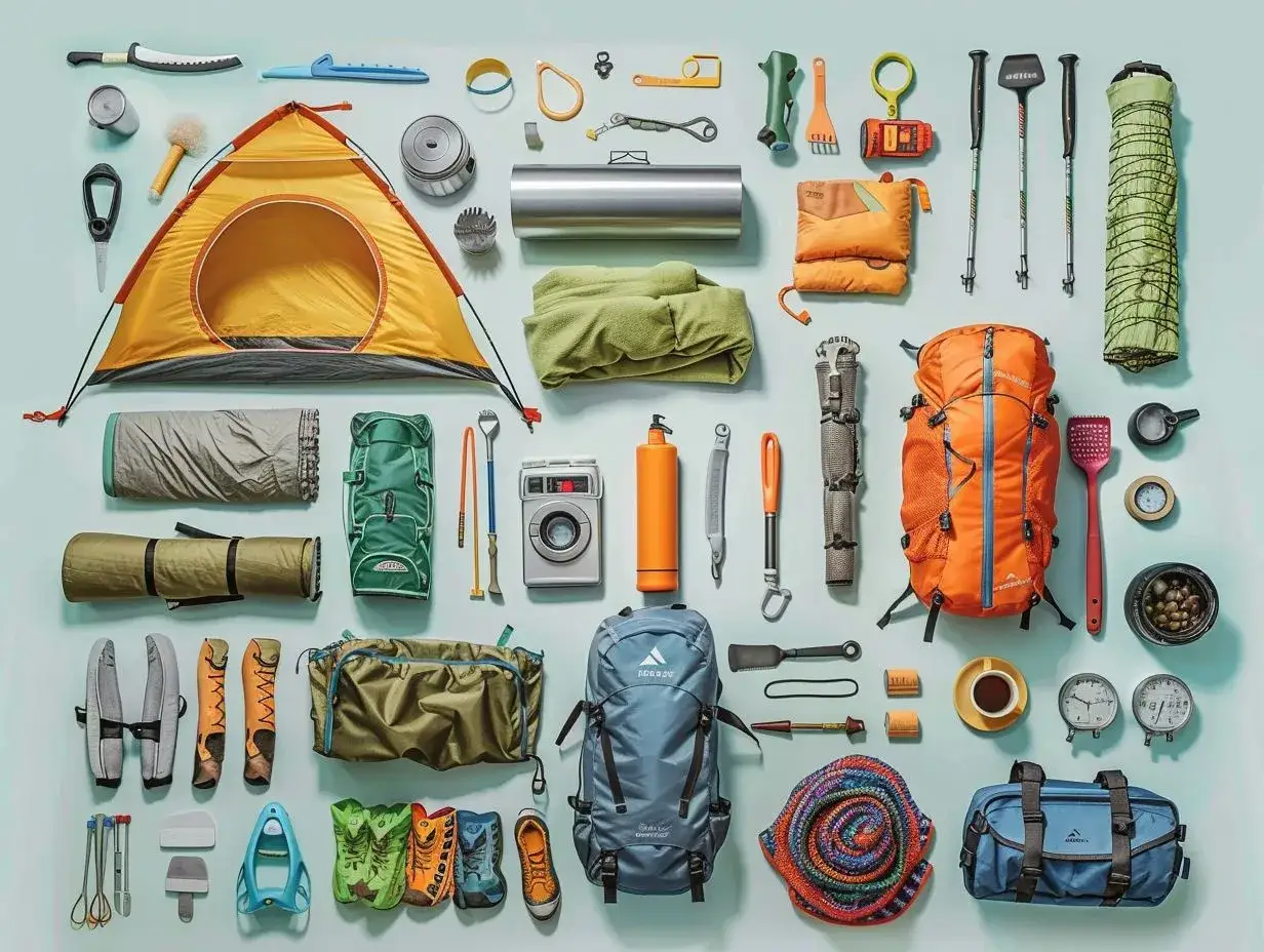 A comprehensive first time camping checklist: tent, sleeping bags, backpacks, cooking gear, and more, all laid out for an adventure.