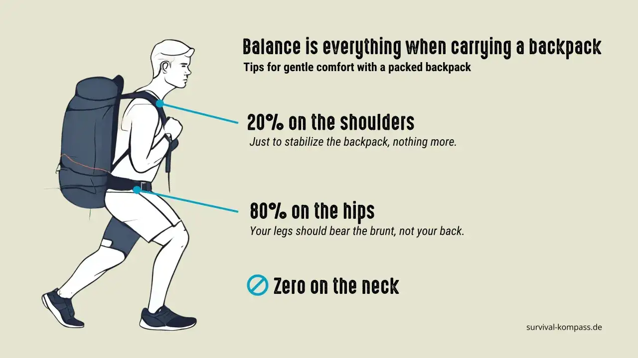 Illustration showing how to pack a backpacking pack: 80% weight on hips, 20% on shoulders, zero on neck for comfort.