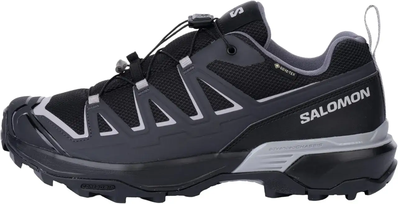 Black Salomon X Ultra 5 GTX hiking shoe with quicklace system and Gore-Tex for all-weather adventures.