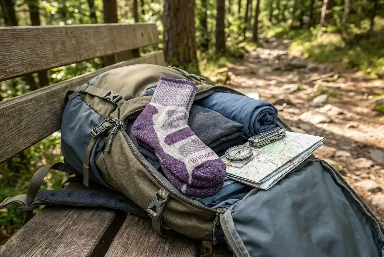 Essential backpacking tips: a packed backpack with socks, map, compass, and multi-tool on a wooden bench in a forest.