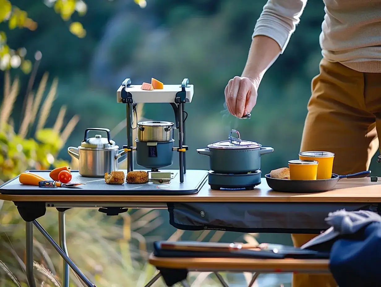 A person is cooking outdoors, with a camp kitchen checklist in mind. Pots, pans, and food are arranged on a table.