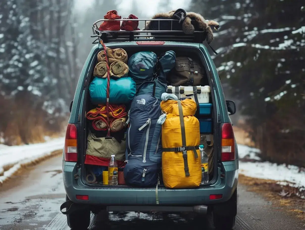 Packed car trunk with camping gear, ready for a winter road trip. This is the ultimate road trip checklist in action!