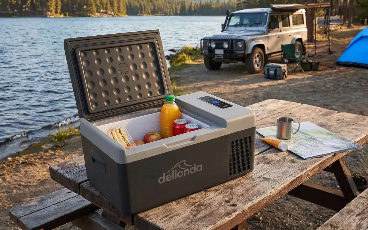 A portable fridge on a picnic table by a lake, stocked with drinks and sandwiches, making for easy camp food. A 4x4 vehicle and tent are in the background.